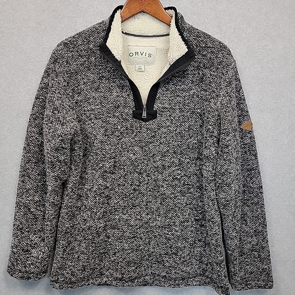 ORVIS Sweater 1/4 Zip Fleece Lined Gray Black Sherpa Pullover Sweatshirt Men's M